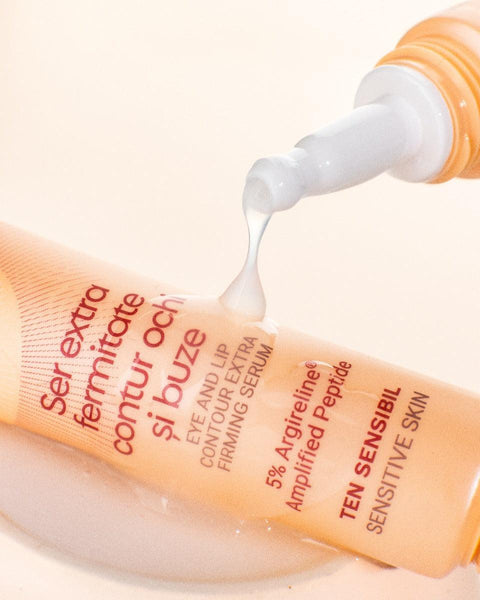 Aslavital Extra Firming Eye and Lip Contour Serum tube beside its nozzle dispensing white serum