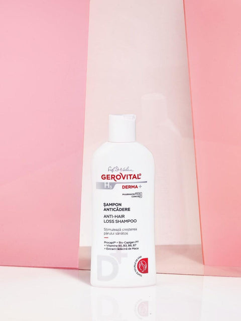 Gerovital H3 Derma+ Anti Hair Loss Shampoo white bottle against pink panels