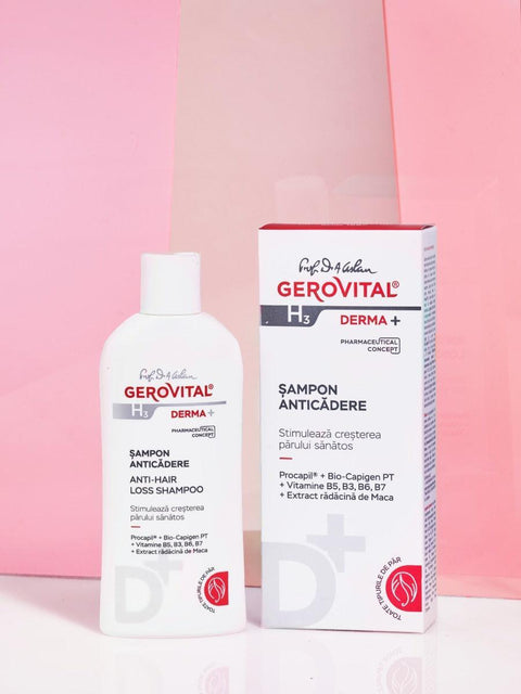 Gerovital H3 Derma+ Anti Hair Loss Shampoo bottle and box against a pink background