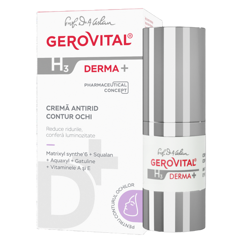 Gerovital H3 Derma+ Anti-Wrinkle Eye Contour Cream dispenser and matching box
