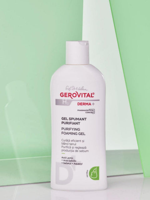 Gerovital H3 Derma+ Purifying Foaming Gel white bottle against green panels