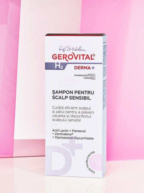 Gerovital H3 Derma+ Shampoo for Sensitive Scalp box against pink panels
