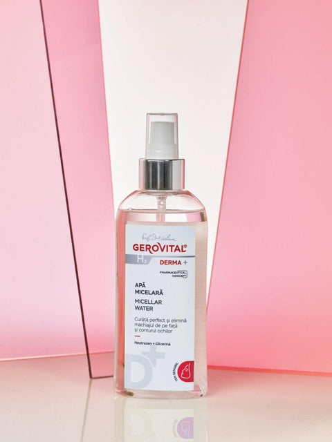 Gerovital H3 Derma+ Micellar Water pump bottle against pink panels