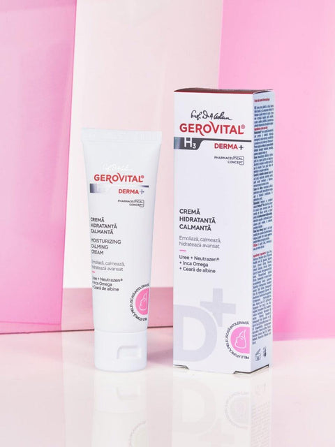 Gerovital H3 Derma+ Soothing Hydrating Cream tube and box against pink panels