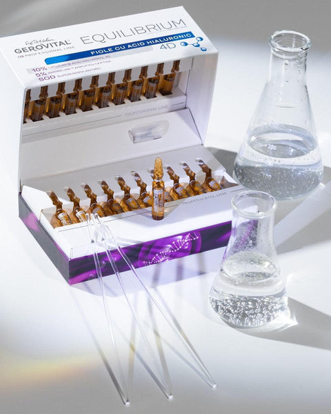Open Gerovital Hyaluronic Acid 4D ampoules box beside laboratory flasks and pipettes