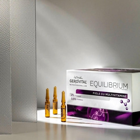 Gerovital Equilibrium Multivitamin Ampoules box and three amber ampoules