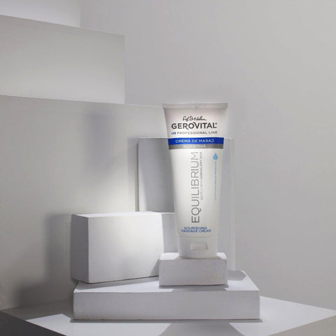 Gerovital Equilibrium Nourishing Massage Cream tube on white blocks