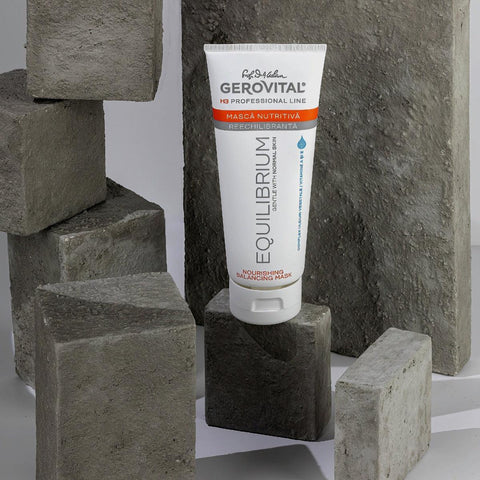 Gerovital Equilibrium Nourishing Balancing Mask tube among gray stone blocks
