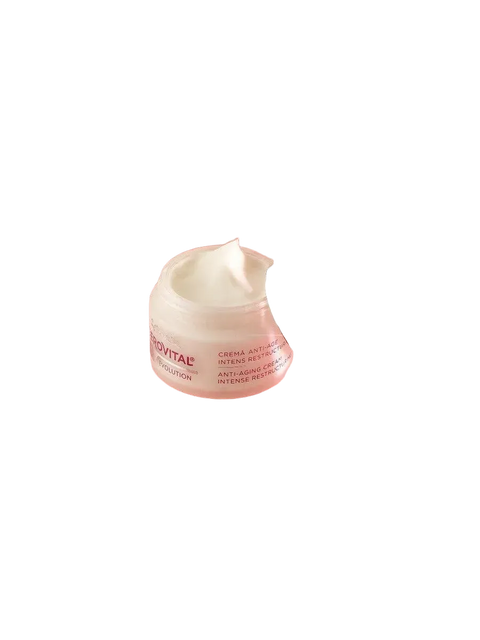 Open Gerovital H3 Evolution Intense Restructuring Anti-Aging Cream jar on a glass tray against a pink background