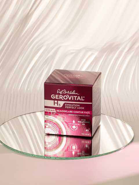 Gerovital Reshaping Face Contour Cream box reflected on a round mirror