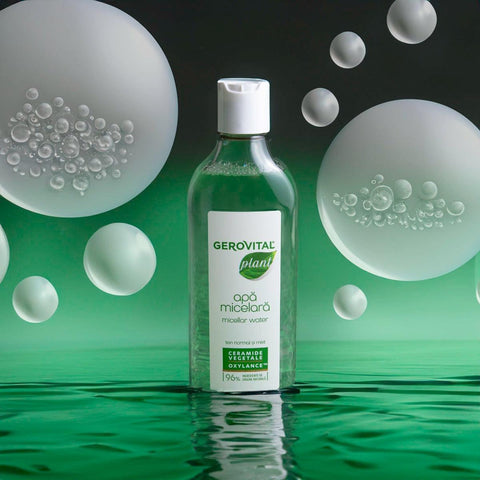 Gerovital Plant Micellar Water bottle amid clear bubble graphics over green water