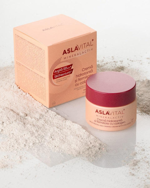 Aslavital Collagen Moisturizing and Firming Cream jar and box on clay powder