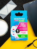 Gerovital Acne Stop Blackheads Patches pack beside white strips, a mirror and a phone on a black and yellow surface