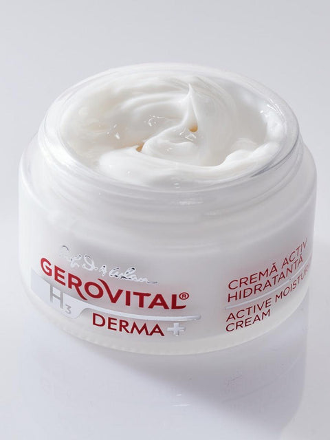 Open Gerovital H3 Derma+ Active Moisturising Cream jar showing white cream
