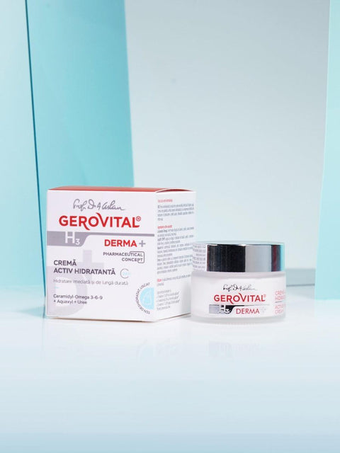 Gerovital H3 Derma+ Active Moisturising Cream jar and box against pale blue panels