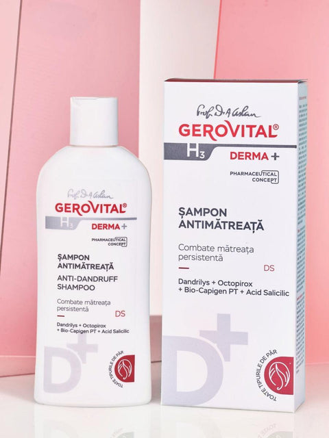 Gerovital H3 Derma+ Anti Dandruff Shampoo bottle and box against a pink background