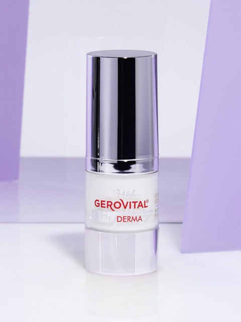 Gerovital H3 Derma+ Anti-Wrinkle Eye Contour Cream dispenser with silver cap against purple panels