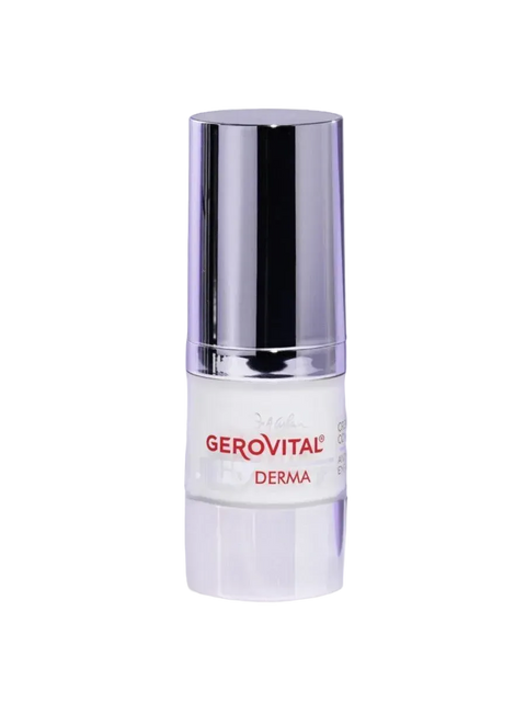 Gerovital H3 Derma+ Anti-Wrinkle Eye Contour Cream dispenser with silver cap against purple panels