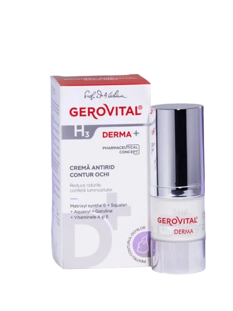 Gerovital H3 Derma+ Anti-Wrinkle Eye Contour Cream dispenser and box against purple panels