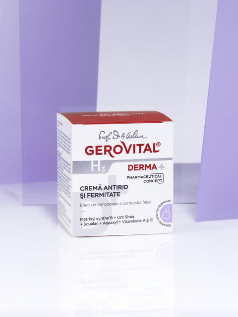 Gerovital H3 Derma+ Anti-Wrinkle and Firming Cream box against purple panels