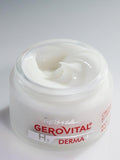 Open Gerovital H3 Derma+ Anti-Wrinkle and Firming Cream jar showing white cream