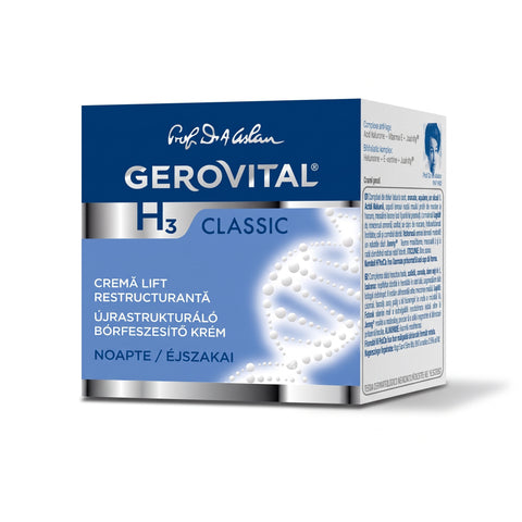Gerovital H3 Classic Restructuring Lift Night Cream blue and silver box on a white background