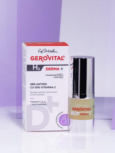 Gerovital H3 Derma+ 10% Vitamin C serum dispenser and box against purple panels