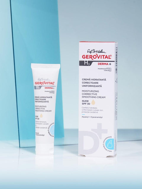 Gerovital H3 Derma+ Hydrating Complexion-Perfecting Cream tube and box against turquoise panels