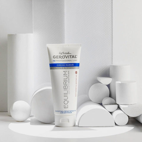 Gerovital Equilibrium Soothing Regenerating Cream Mask tube among white geometric shapes