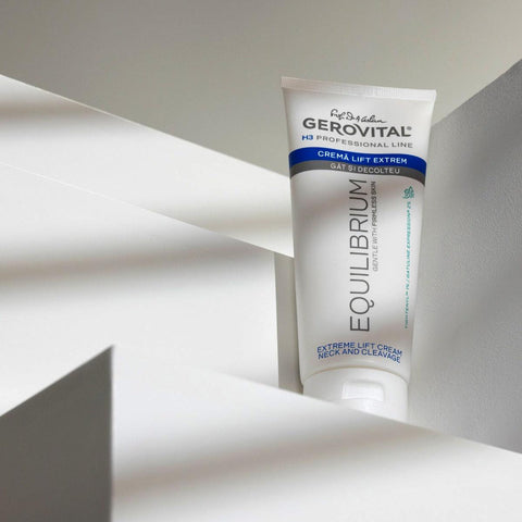 Gerovital Equilibrium Extreme Lift Neck and Cleavage Cream tube among white curves