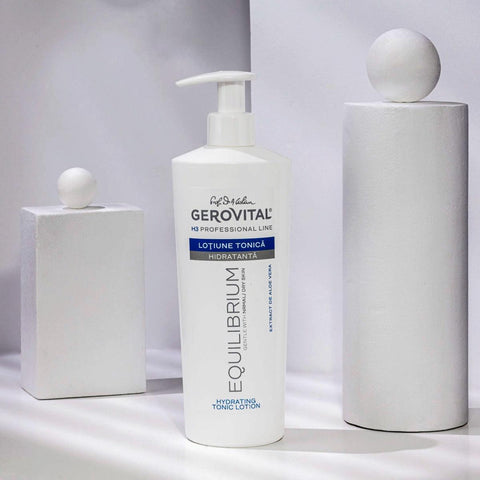 Gerovital Equilibrium Hydrating Facial Toner bottle among white geometric shapes