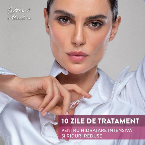 Woman holding a Gerovital H3 Evolution hyaluronic acid ampoule in a promotional image for a 10-day skincare treatment