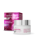 Gerovital H3 Evolution Regenerating Lifting Night Cream jar beside its burgundy box marked 30+