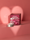 Gerovital Ultra Active Radiance Cream box beside white cream on a silver lid against pink steps