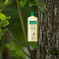 Gerovital Hair Expert Keratin Regenerating Shampoo bottle resting against a tree trunk